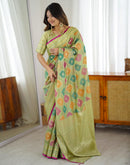 Pista Green Silk Woven Saree
