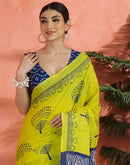 Bright Yellow Cotton Printed Saree