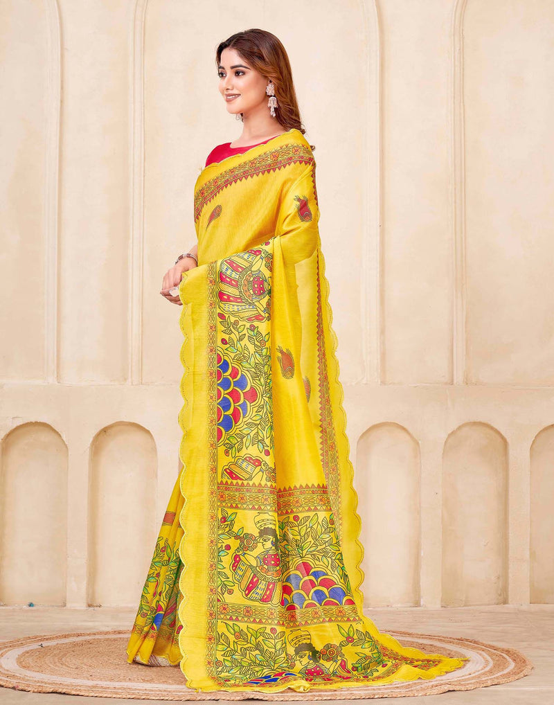Yellow Chanderi Printed Kalamkari Saree
