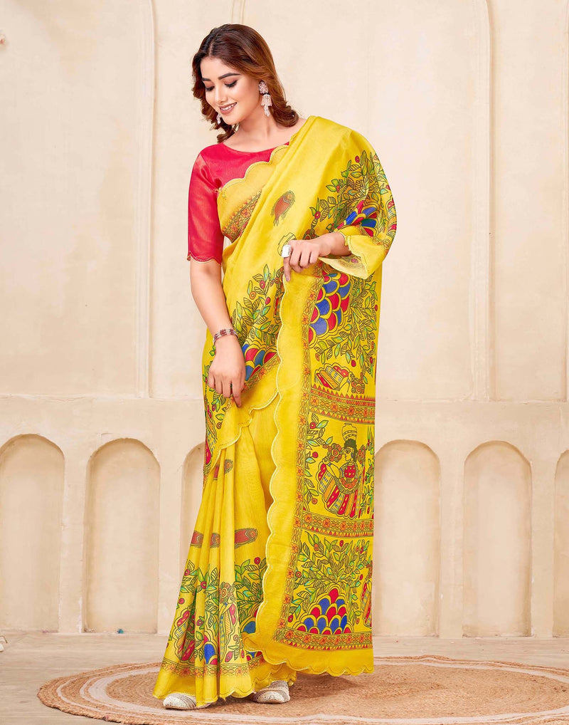 Yellow Chanderi Printed Kalamkari Saree