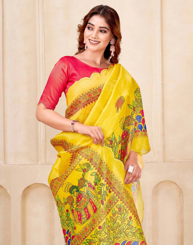 Yellow Chanderi Printed Kalamkari Saree