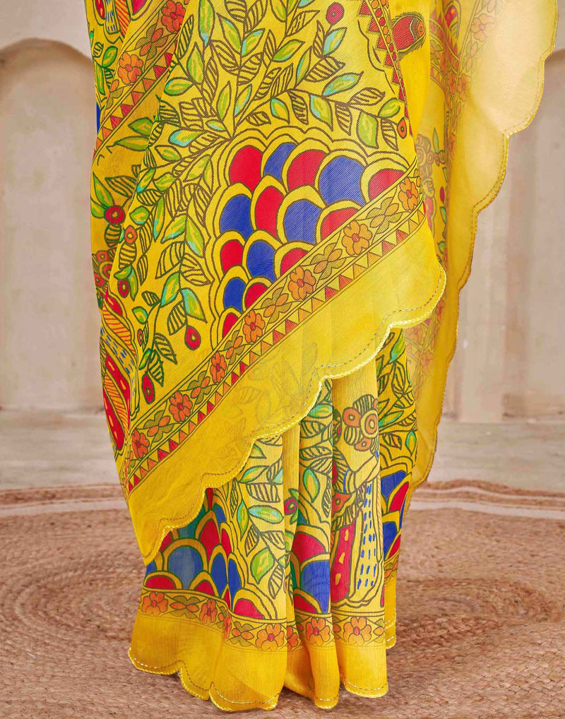 Yellow Chanderi Printed Kalamkari Saree