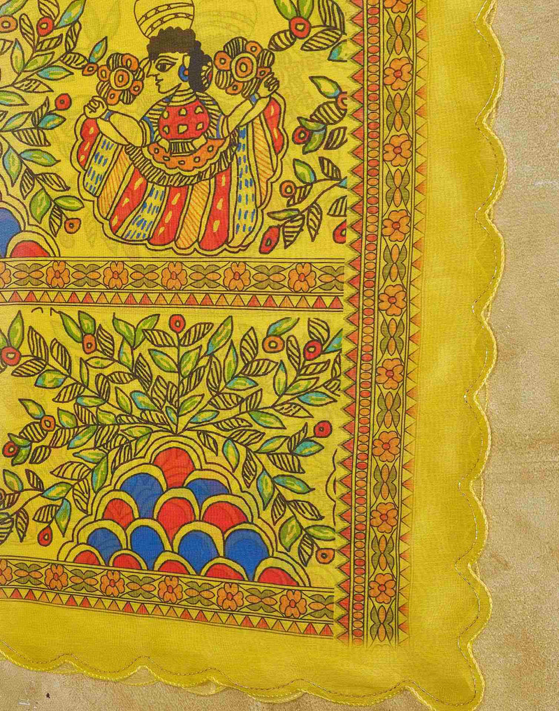 Yellow Chanderi Printed Kalamkari Saree