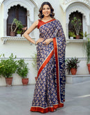 Navy Blue Khadi Printed Saree