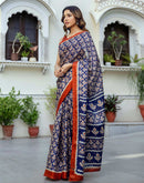 Navy Blue Khadi Printed Saree