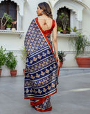 Navy Blue Khadi Printed Saree