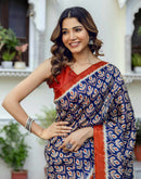Navy Blue Khadi Printed Saree