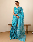 Teal Blue Khadi Printed Saree