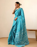 Teal Blue Khadi Printed Saree