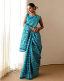 Teal Blue Khadi Printed Saree