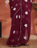 Wine Georgette Embroidery Saree