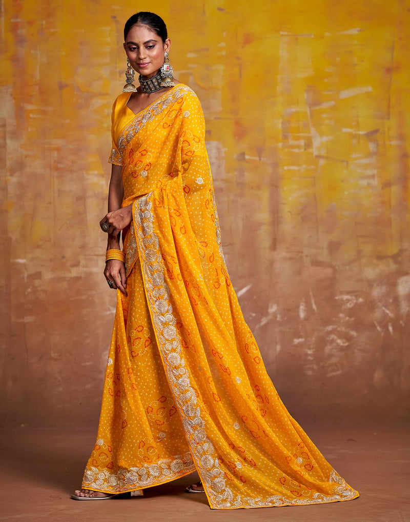 Yellow Georgette Bandhani Printed Saree