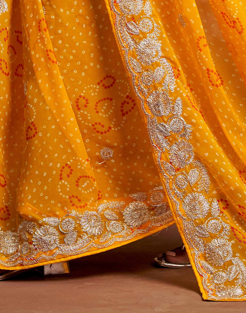 Yellow Georgette Bandhani Printed Saree