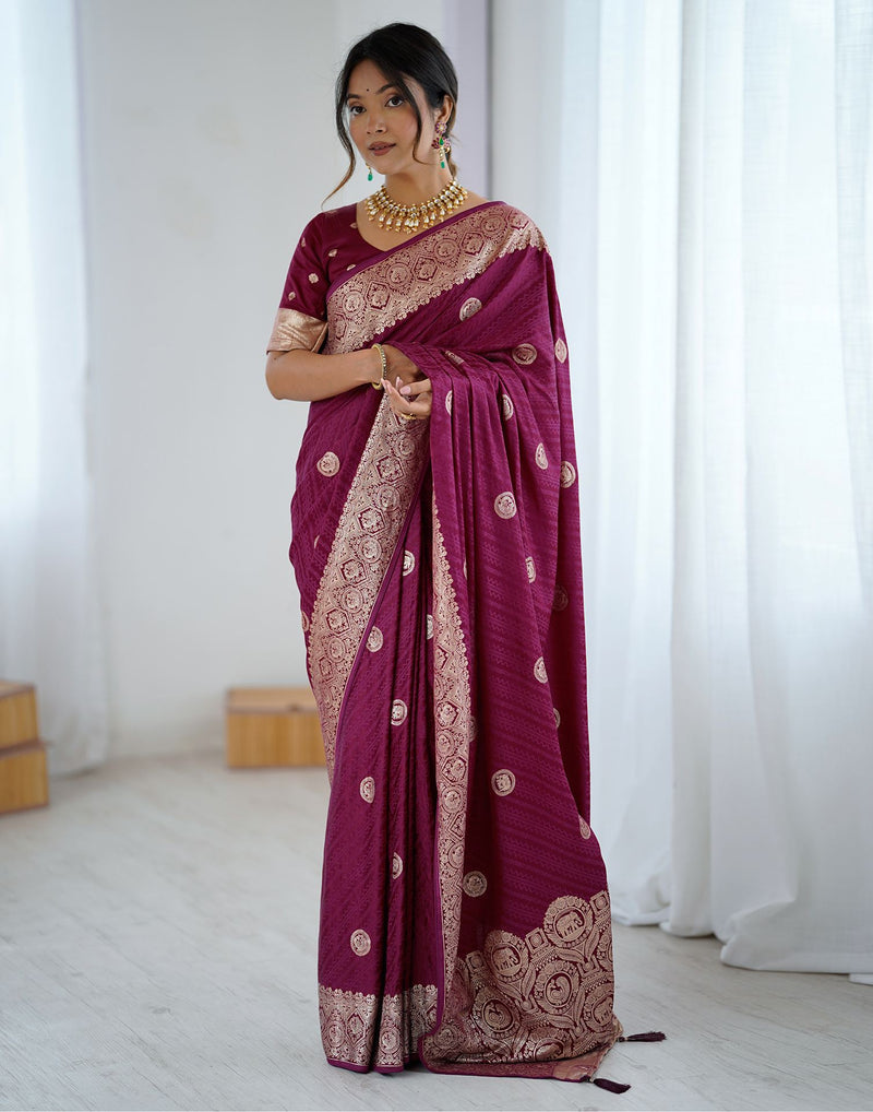 Wine Silk Woven Banarasi Saree