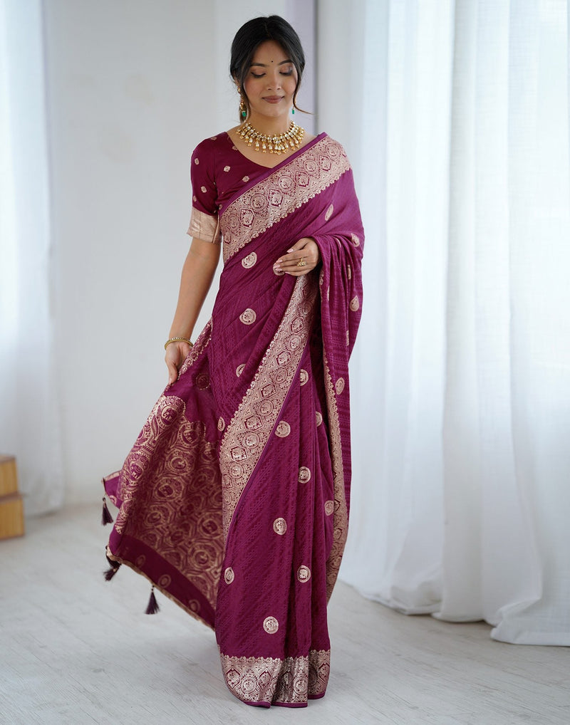 Wine Silk Woven Banarasi Saree