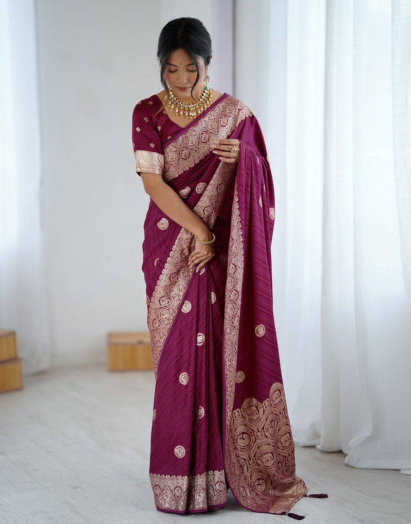 Wine Silk Woven Banarasi Saree