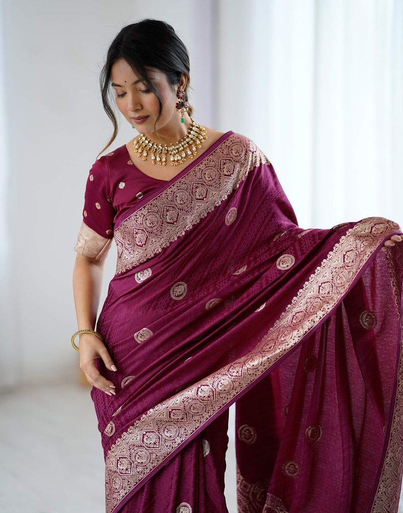 Wine Silk Woven Banarasi Saree