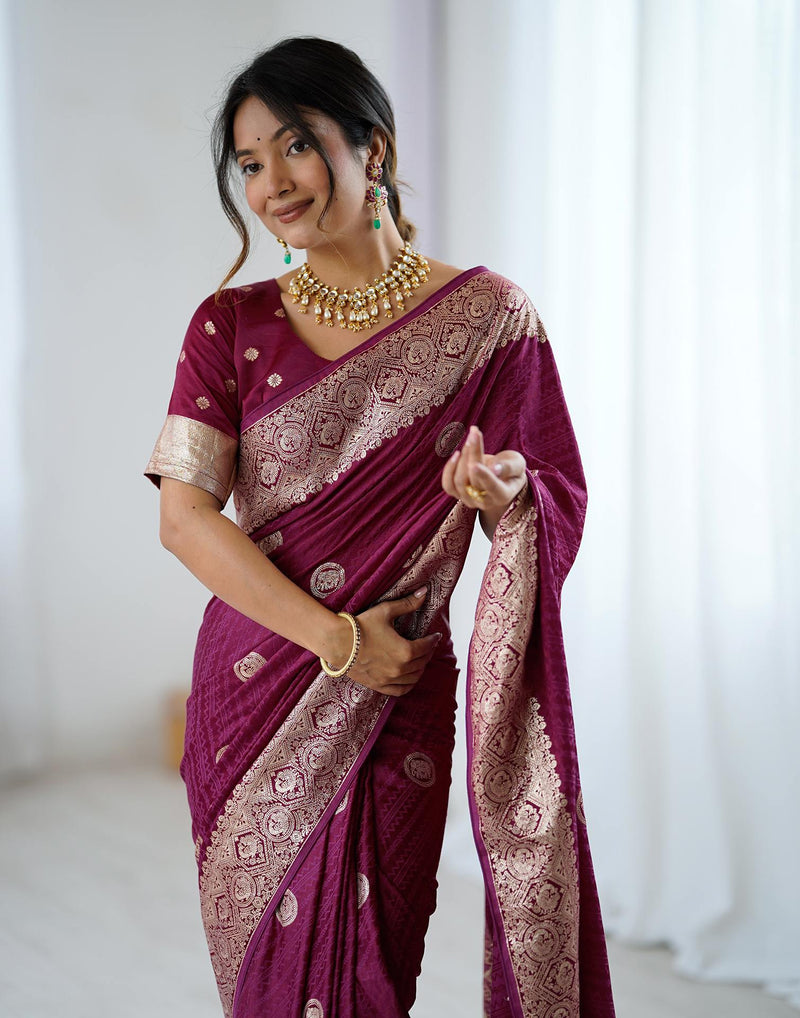 Wine Silk Woven Banarasi Saree