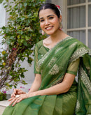 Mehandi Green Shimmer Embroidery Saree