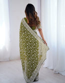 Olive Green Georgette Embroidery Saree