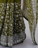 Olive Green Georgette Embroidery Saree