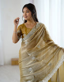 Dark Beige Tissue Silk Embroidery Saree