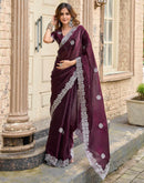 Wine Tissue Silk Sequence Embroidery Saree