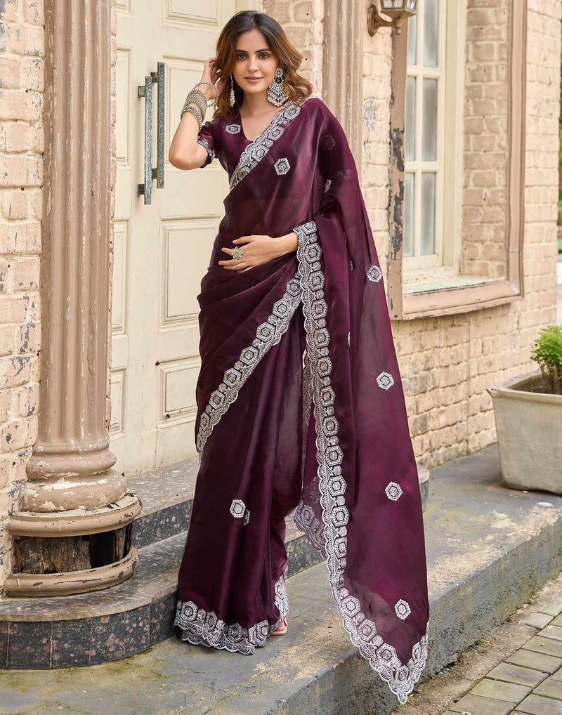 Wine Tissue Silk Sequence Embroidery Saree