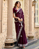 Wine Tissue Silk Sequence Embroidery Saree