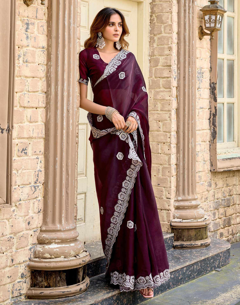 Wine Tissue Silk Sequence Embroidery Saree