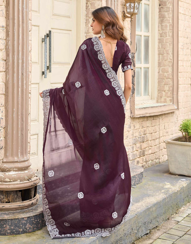 Wine Tissue Silk Sequence Embroidery Saree