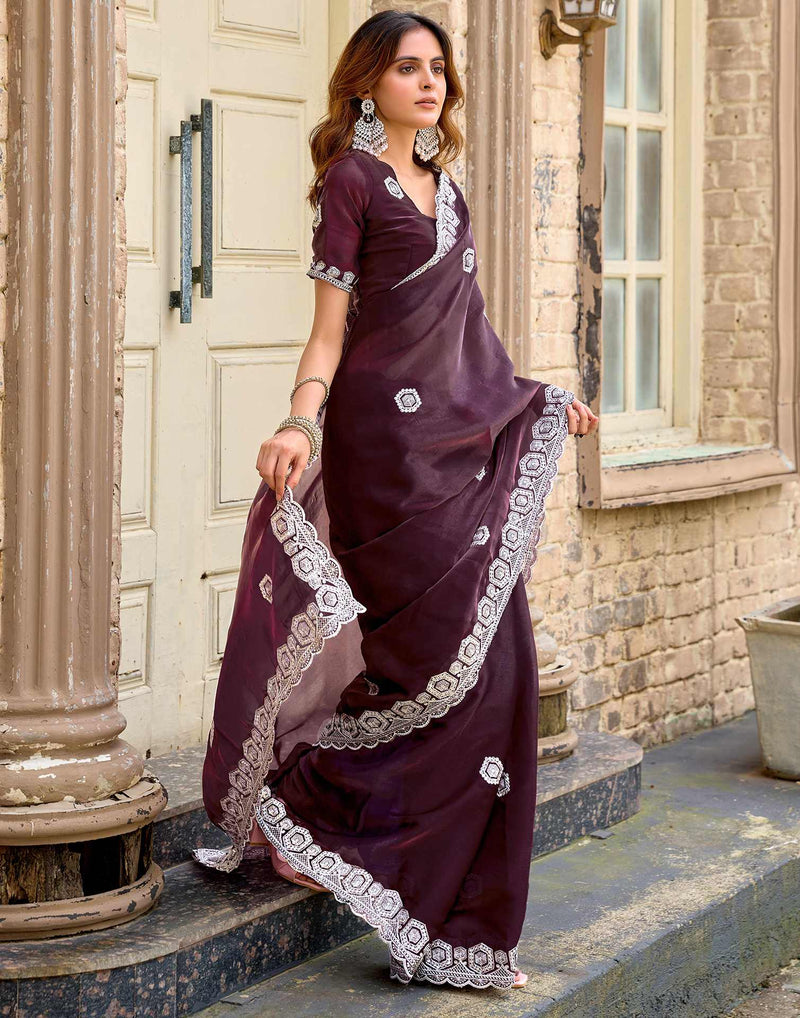 Wine Tissue Silk Sequence Embroidery Saree