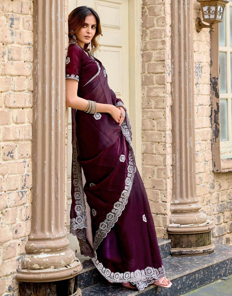 Wine Tissue Silk Sequence Embroidery Saree