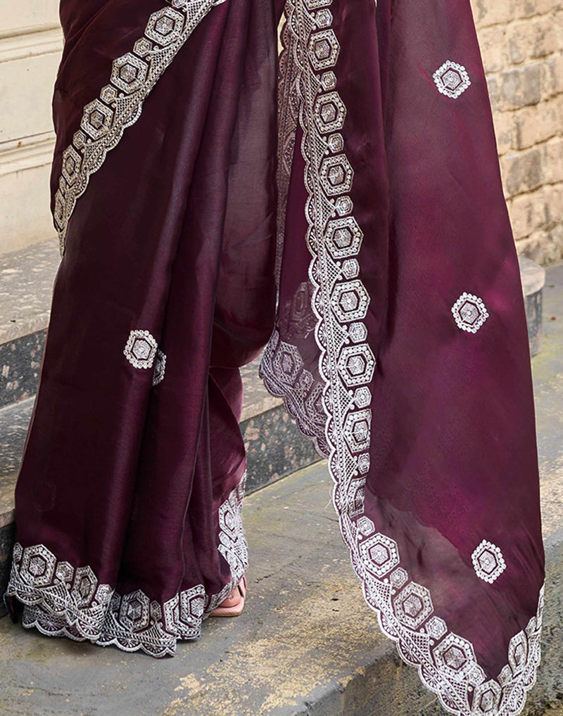 Wine Tissue Silk Sequence Embroidery Saree