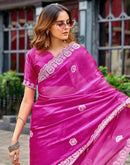 Rani Pink Tissue Silk Sequence Embroidery Saree