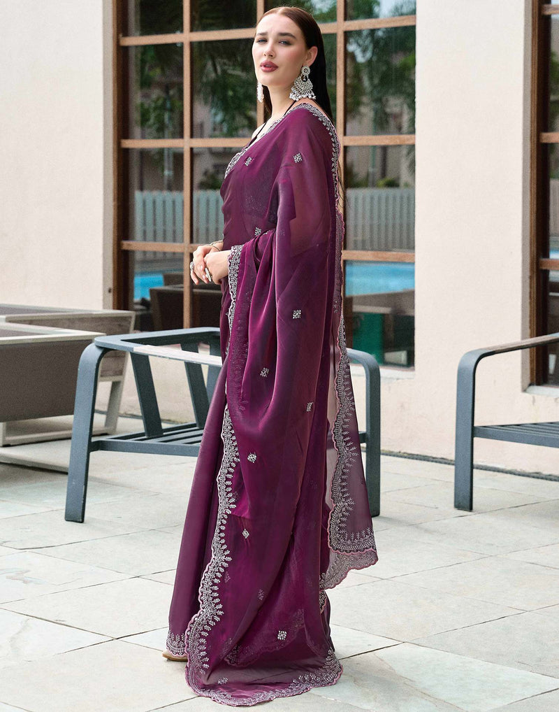 Wine Tissue Silk Sequence Embroidery Saree