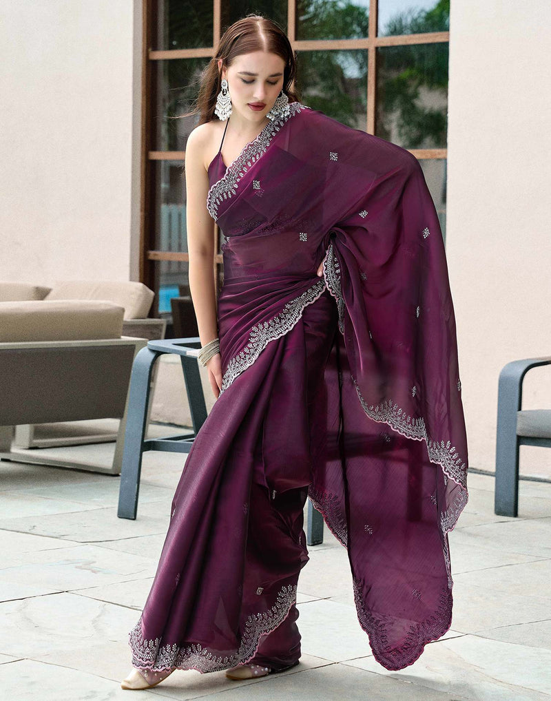 Wine Tissue Silk Sequence Embroidery Saree