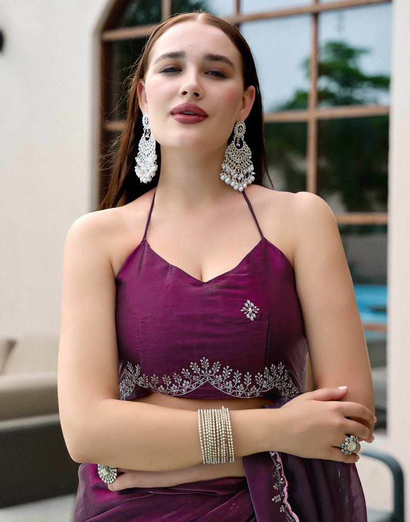 Wine Tissue Silk Sequence Embroidery Saree