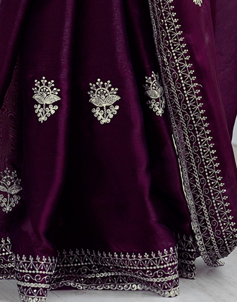 Wine Tissue Silk Embroidery Saree