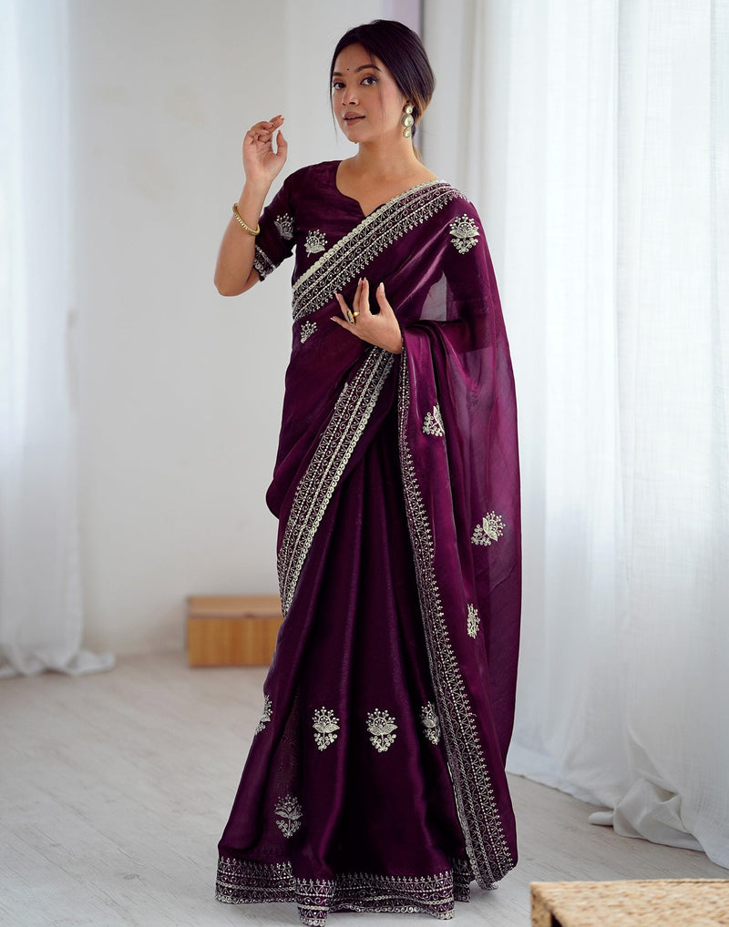 Wine Tissue Silk Embroidery Saree