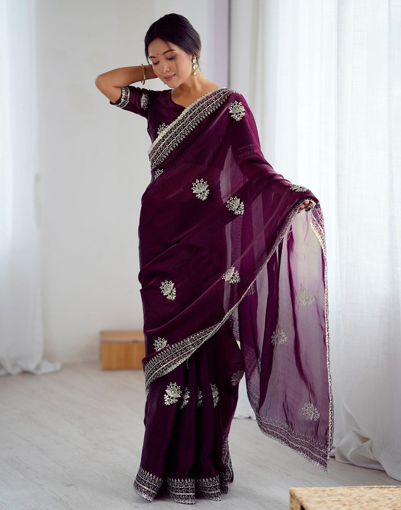 Wine Tissue Silk Embroidery Saree