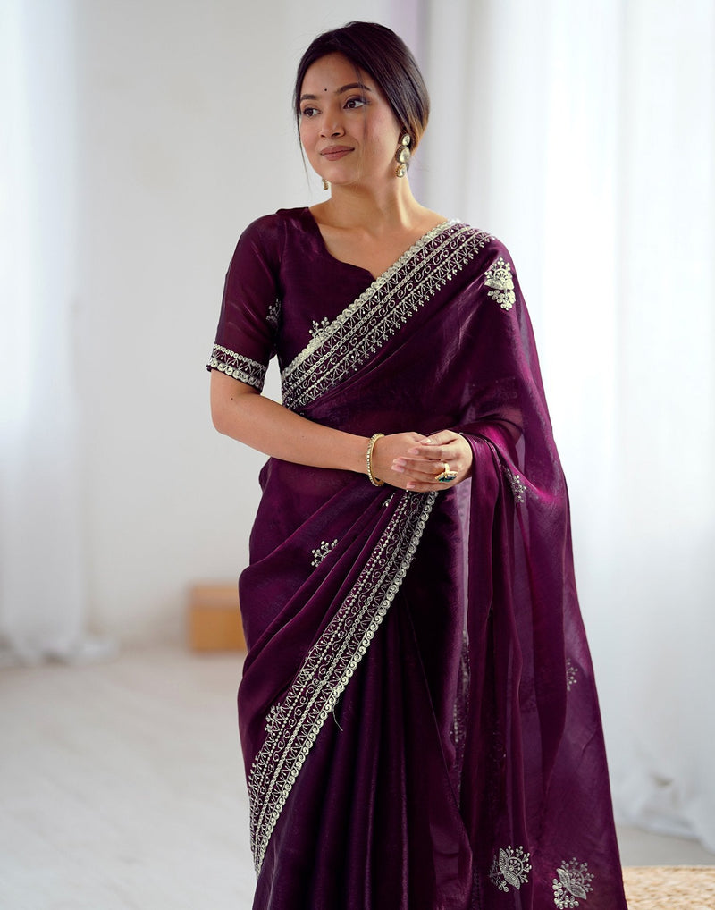 Wine Tissue Silk Embroidery Saree