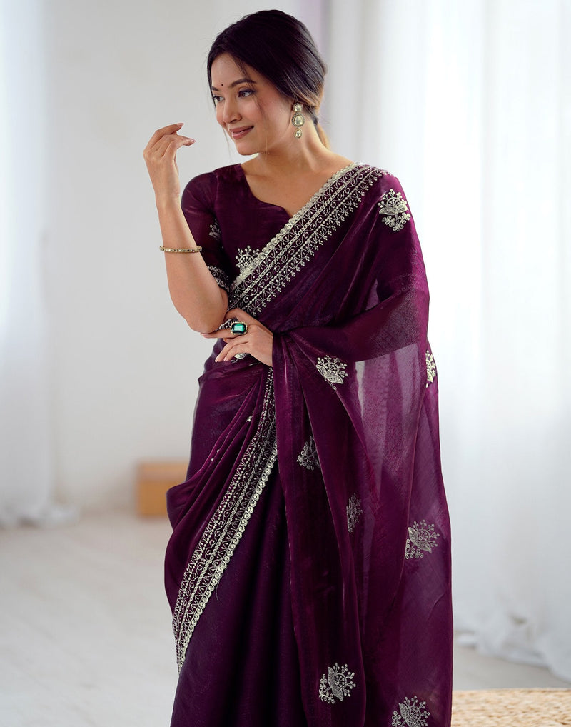Wine Tissue Silk Embroidery Saree