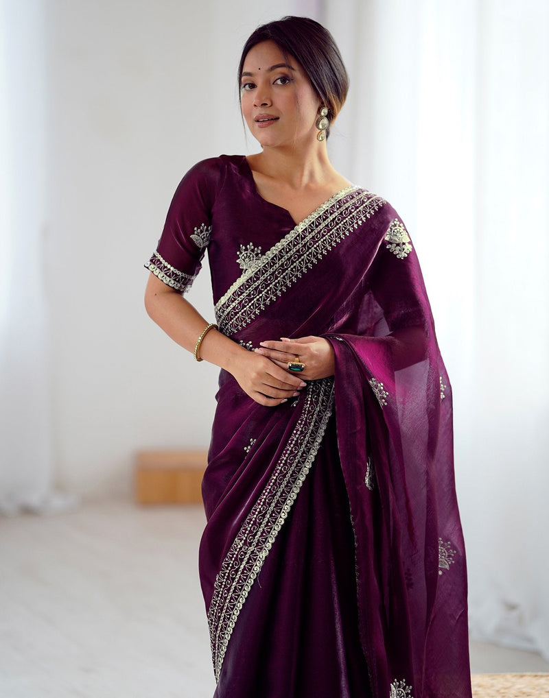 Wine Tissue Silk Embroidery Saree
