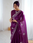 Dark Purple Tissue Silk Embroidery Saree