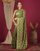 Olive Green Chinnon Foil Printed Saree