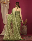 Olive Green Chinnon Foil Printed Saree