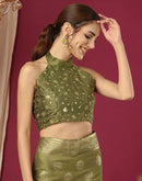 Olive Green Chinnon Foil Printed Saree
