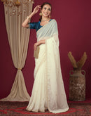 Cream Shimmer Pearl Work Embroidery Saree