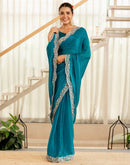 Turquoise Blue Shimmer Embroidery Saree